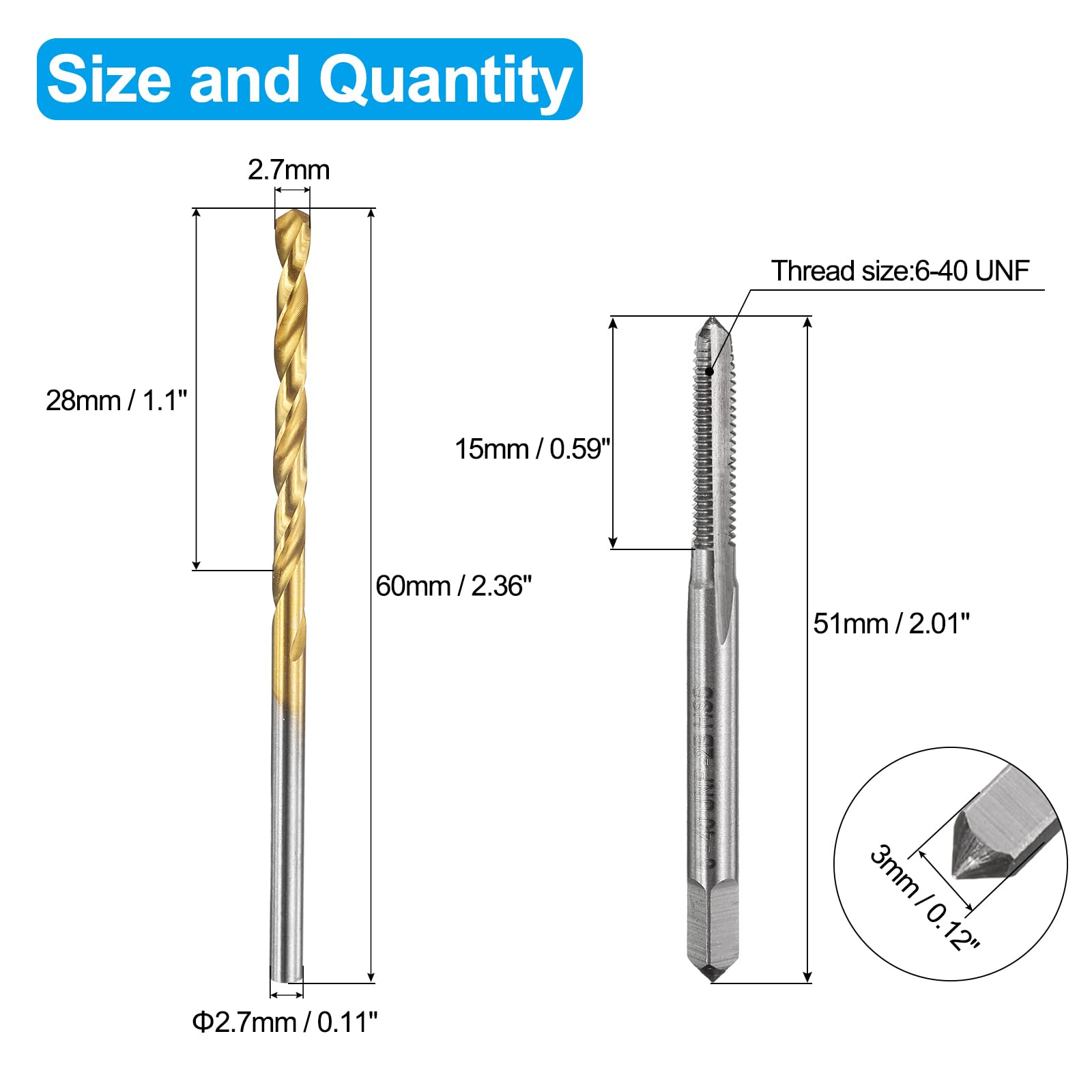 Set di maschi e punte da trapano, 1 maschio per filettatura a scanalatura dritta UNF 6-40 e 1 punta elicoidale da 2,7 mm, kit di utensili per filettatura HSS-6542 non rivestiti/rivestiti in titanio