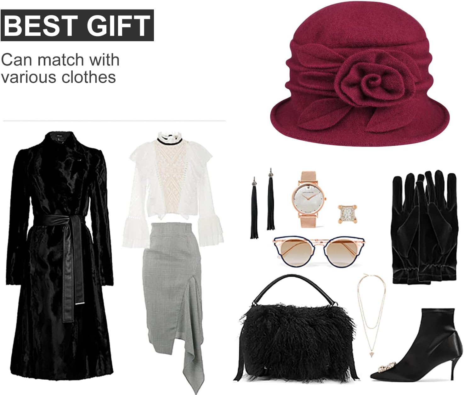 Sumolux Women Beret Hat French Vintage Floral Wool Dress Cloche Classic Winter Hat 1920s - Image 6