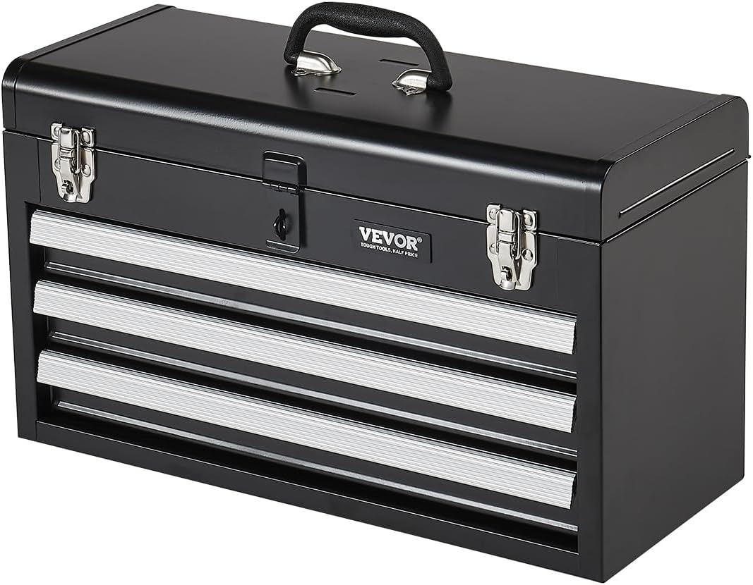 Metal Tool Box, 20.5-inch, Portable Metal Tool Box with 3 Drawers, Small Tool Chest with EVA Liners, Ball Bearing Slide Drawers Locking & Powder Coated Finish, Multi-Function Tool Organizer