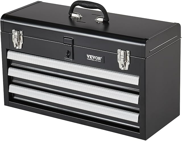 VEVOR Metal Tool Box, 20.5-inch, Portable Metal Tool Box with 3 Drawers, Small Tool Chest with EVA Liners, Ball Bearing Slide Drawers Locking & Powder Coated Finish, Multi-Function Tool Organizer