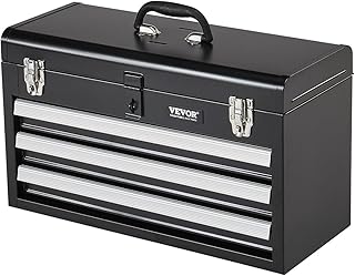 VEVOR Caixa de ferramentas portátil de metal 520 x 218 x 304 mm, baú de ferramentas pequeno com 3 gavetas e revestimento em EVA, gavetas deslizantes com rolamentos de esferas com fecho, preto