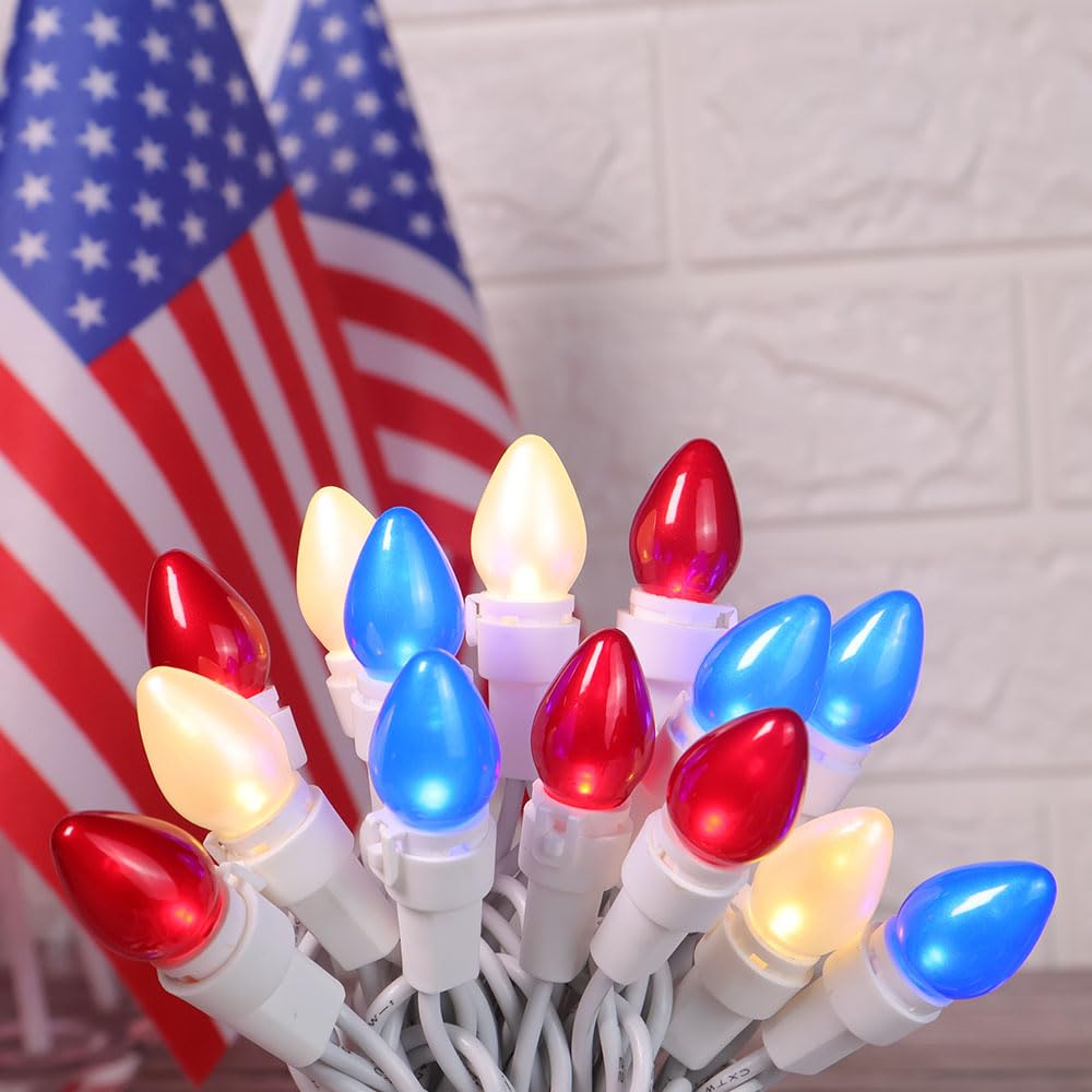 ESOLTON Red White and Blue String Lights 50 LED C3 Glass 4th of July String Light White Wire Independence Day Decor LED String Lights for Bedroom Patriotic Decoration Memorial Day Presidents Day