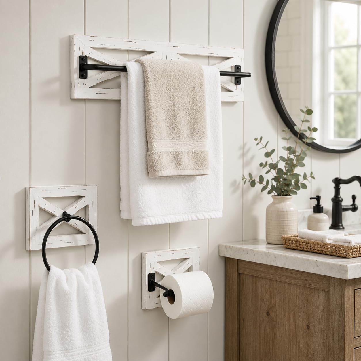 Ilyapa Towel Bar, TP Holder & Towel Ring Set, White Wood, Black Metal | Bar Accents, Wall Mounted Design, Farmhouse Bathroom Décor, Includes Mounting