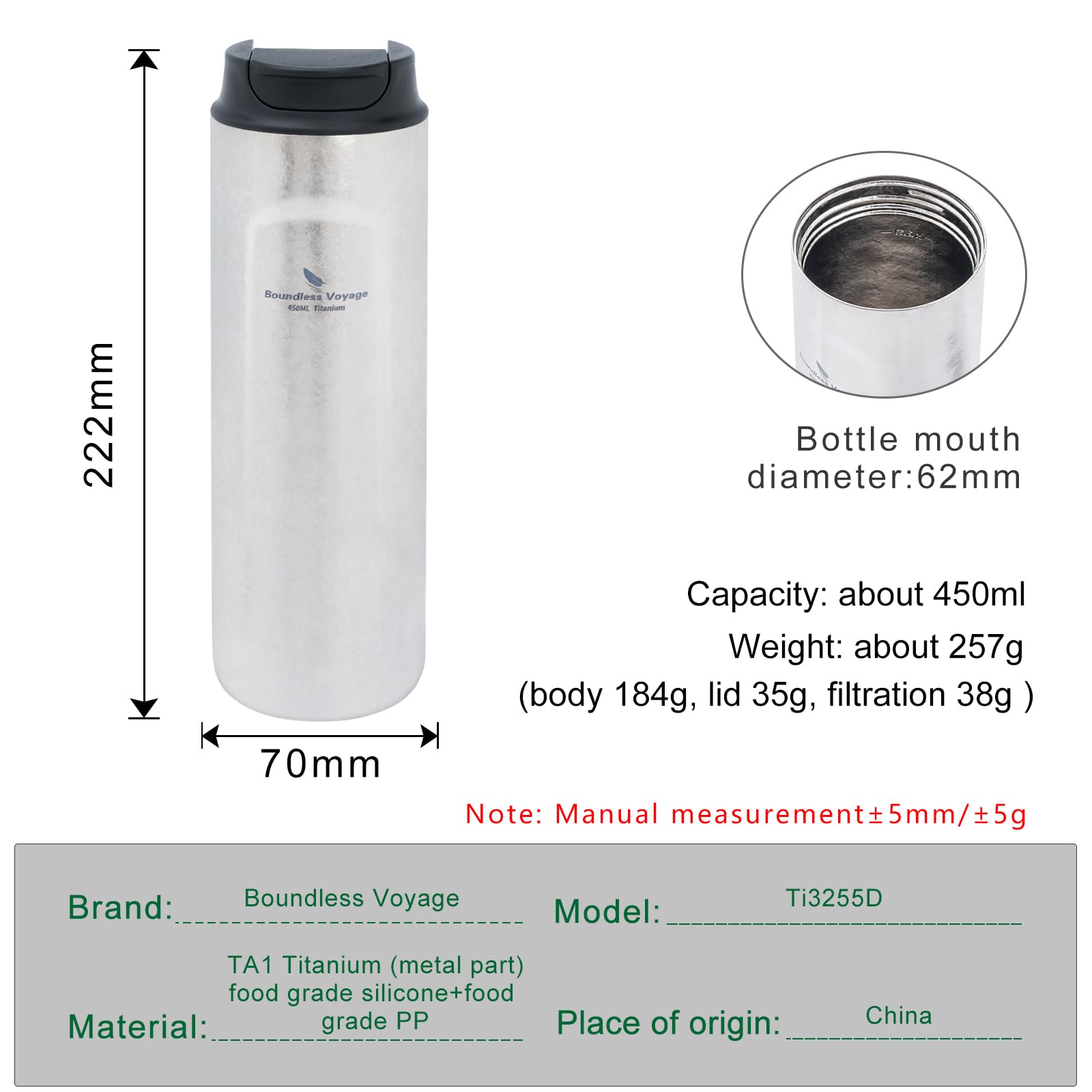 iBasingo 450ml Titanium French Press Coffee Cup Double-Walled Insulated Vacuum Flask Tea Water Bottle Outdoor Travel Portable Tumbler Car Mug with Lid Ti3255D - Image 2