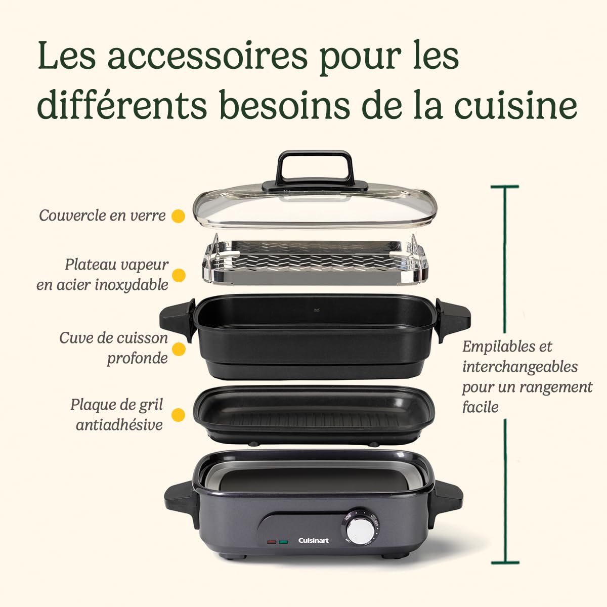 Cuisinart Cook In multicuiseur 5 en 1| Griller, saisir, cuire à la vapeur, mijoter et mitonner | Plaques et casseroles antiadhésives et interchangeables | Empilables, rangement facile | Gris minuit