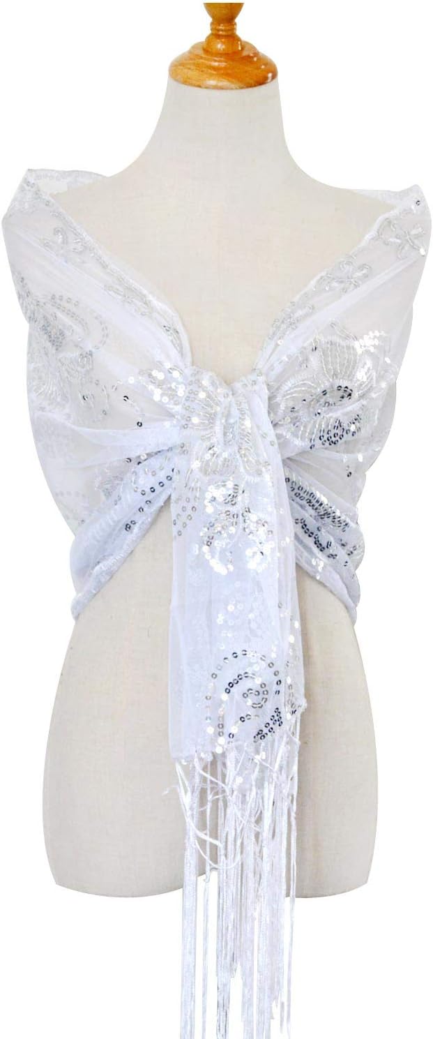 L'VOW Women's Glittering 1920s Scarf Mesh Sequin Wedding Cape Fringed Evening Shawl Wrap - Image 3