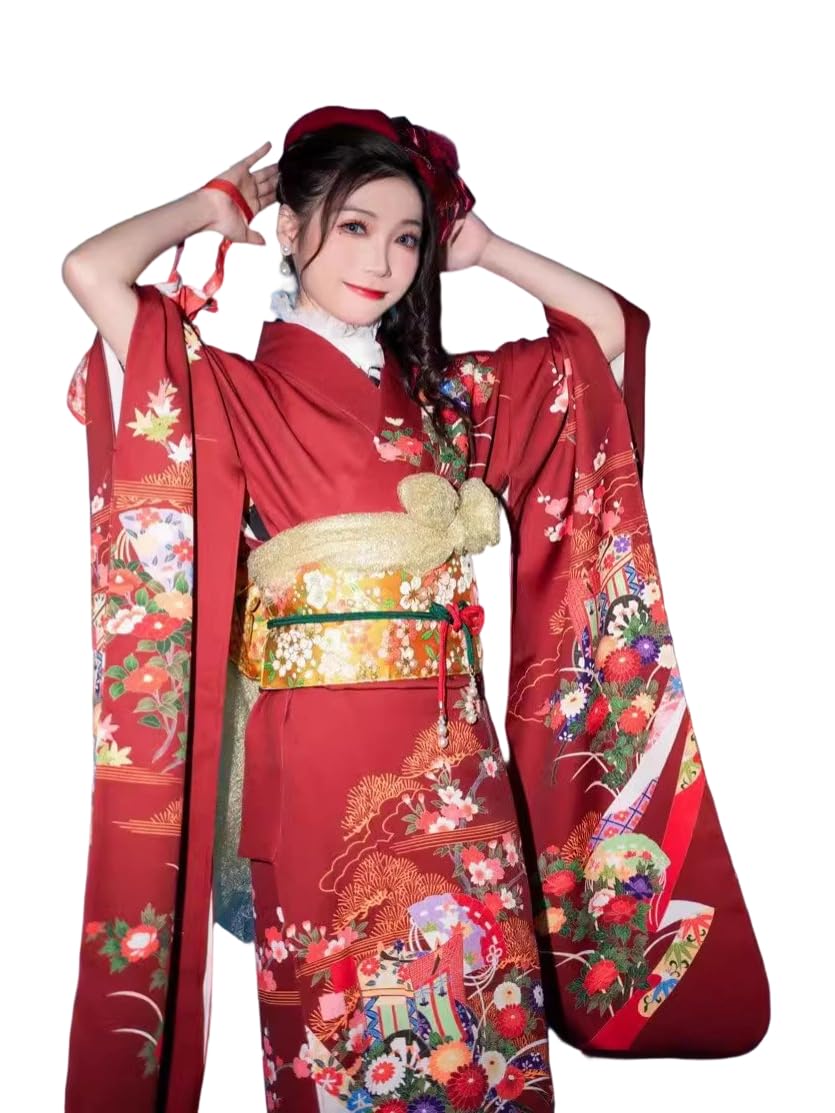 Damskie tradycyjne kimono haftowane Pretta Showa Retro Kimono, kwiaty, Kimono, długi, wiosenny zestaw 2 szt