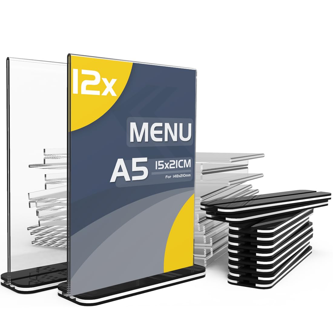 Expositor Vertical A5 Transparente, 12 Piezas de Letreros Acrílicos, Apto para Escritorios, Restaurantes, Hoteles, Mostradores (12 Piezas - A5)