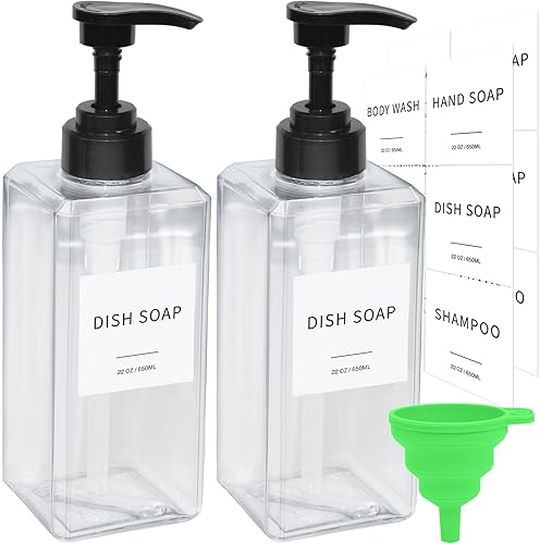 Dispensador de jabón transparente con etiquetas impermeables, dispensador de jabón de manos de plástico grueso para baño, botellas de líquido para