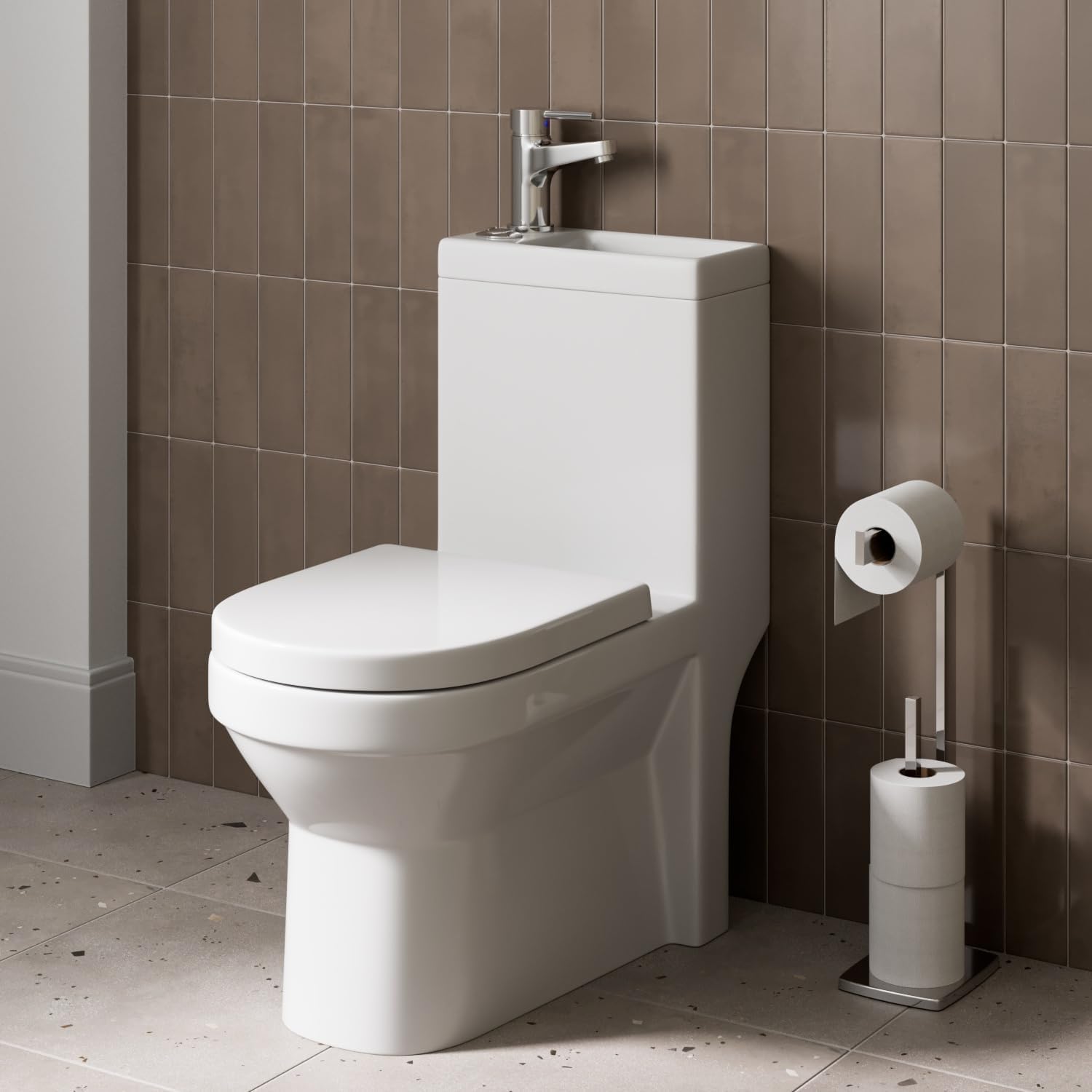Affine® Tivoli 2 in 1 Toilet Basin Combination Combined Close Coupled Toilet & Wash Sink Dual Flush Cistern Space Saving Bathroom Cloakroom WC Basin On Top Soft Close Seat D Shape Includes Tap & Waste
