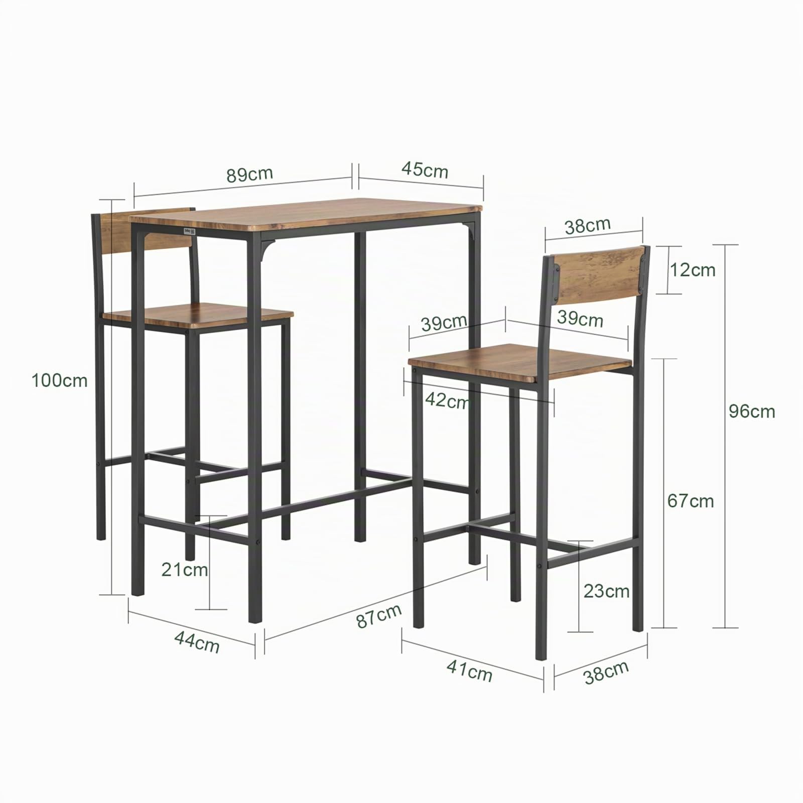 SoBuy Conjunto Mesa Alta de Cocina con 2 taburetes Altos – Mesa Barra Cocina 100 cm Altura – Ahorra Espacio para Comedor pequeño o balcón – Estilo Industrial Madera y Metal OGT03-XL