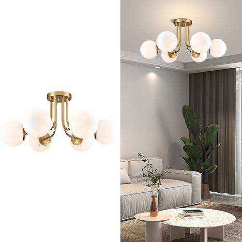 AOODU Lámpara de techo de montaje empotrado dorada de 3 luces, lámpara de techo con globo blanco, pantalla de vidrio de mediados de siglo, lámpara