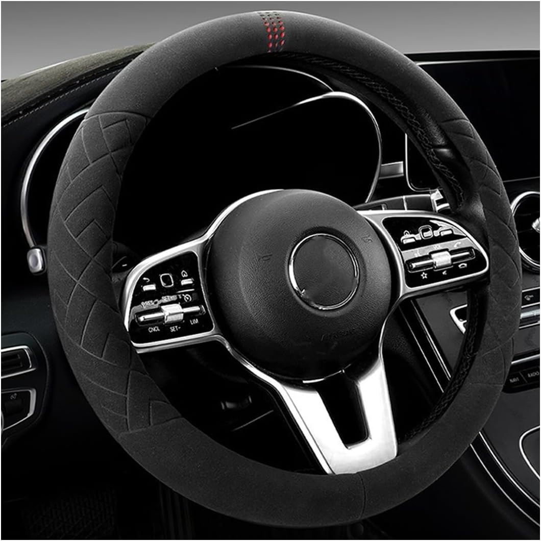 Bittwee Car Suede Steering Wheel Cover, Non-Slip Protector for Auto Steering Wheel with Grid of The Correction Marker, Breathable Universal Automotive Accessories, Fitting 14.5-15 inch