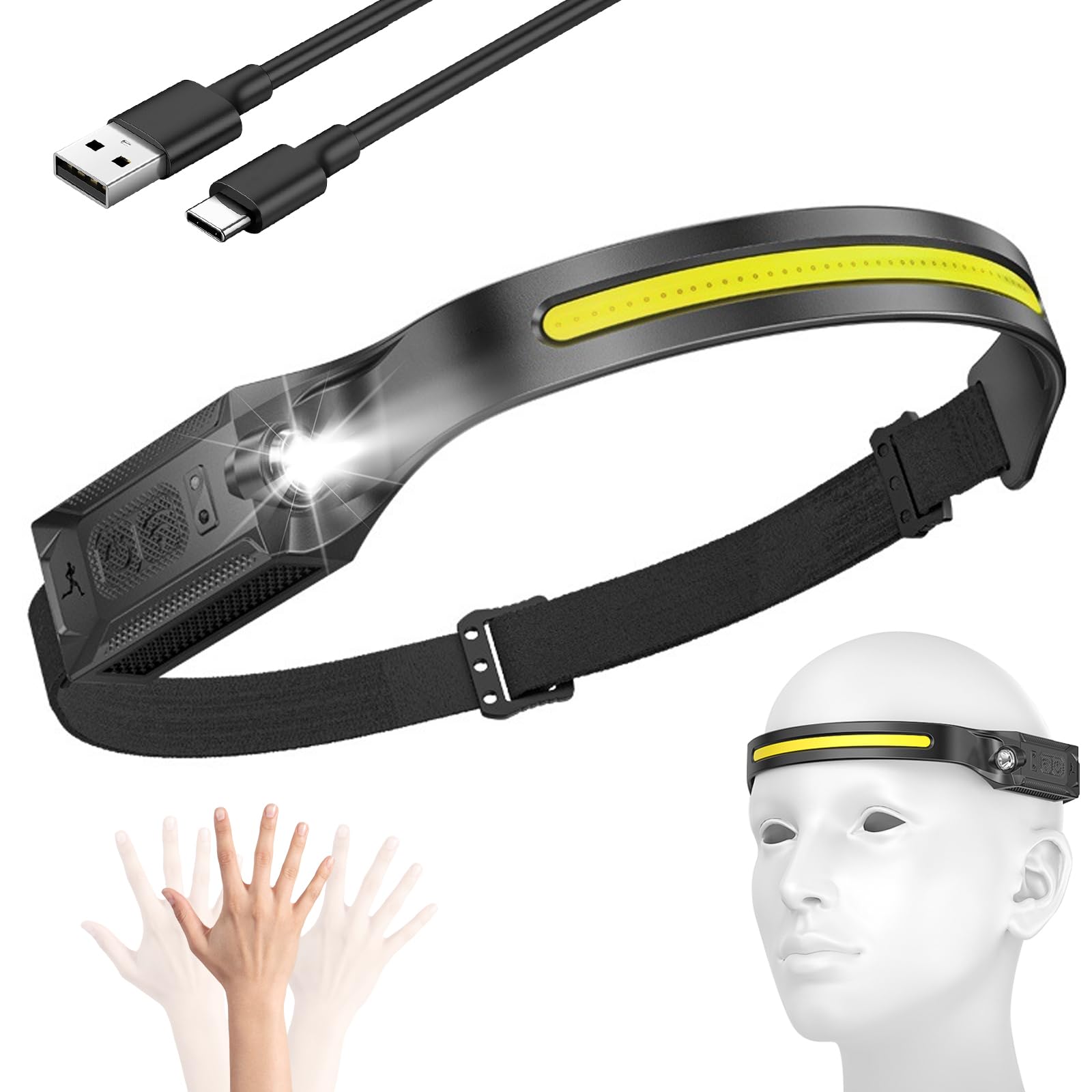 Head Torch Rechargeable, Super Bright 230° Wide Beam Headtorch, 7 Modes with Motion Sensor, 2000mAh Rechargeable Waterproof Lightweight Headlamp-image-34