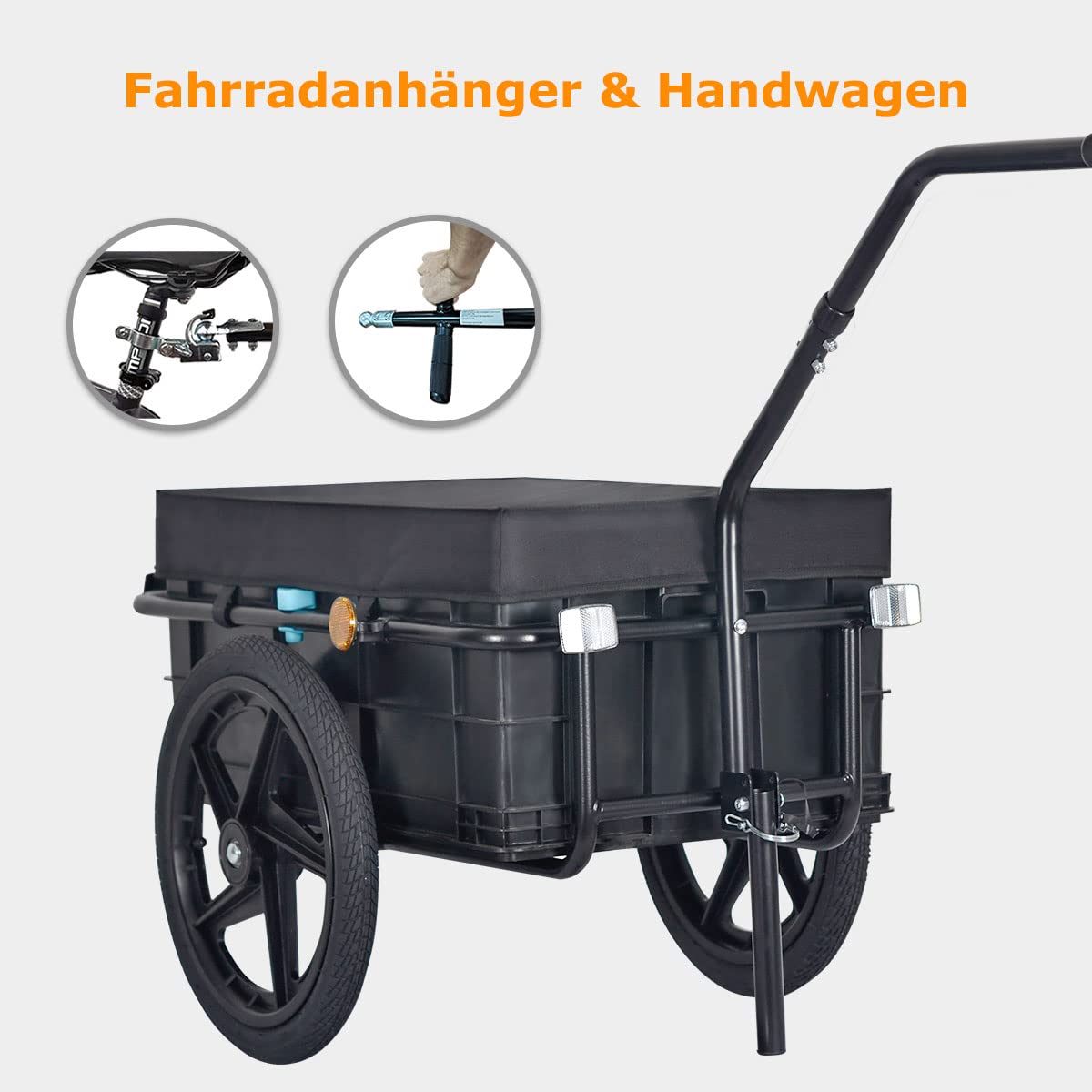 Tiggo 70L Remorque de Velo Transport, Panier Amovible, Chassis en Acier, Traction : 40kg Max, Bache Impermeable, Utilisable comme Chariot a Main
