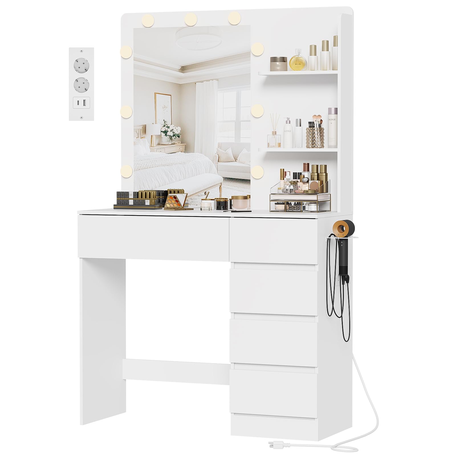 Asgolion Schminktisch mit Spiegel, LED-Beleuchtung und Steckdose, 5 Schubladen und 2 offenen Ablagen, 3 Farbmodi und Einstellbarer Helligkeit, weiß, EU25VT803W