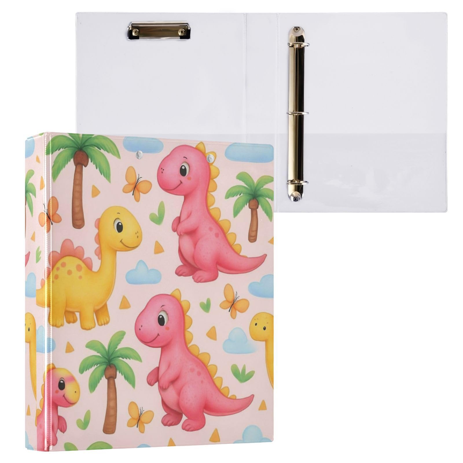 Confezione da 2 raccoglitori ad anelli con 3 anelli, motivo dinosauri rosa e gialli, con tasche grandi, per scuola, università, ufficio