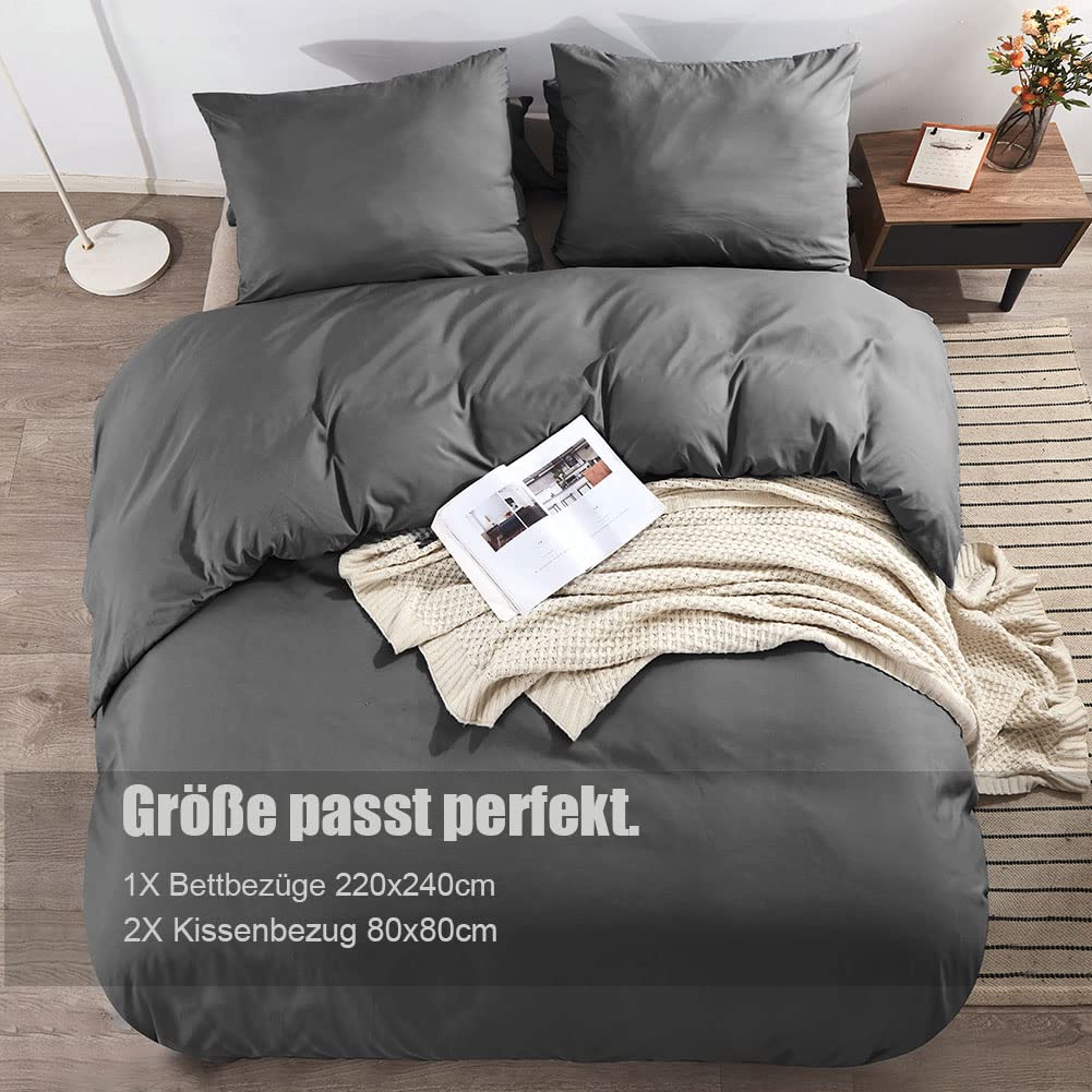 Soifox Parure de lit 220 x 240 cm, anthracite doux et agréable, housse de couette 220 x 240 cm avec taie d'oreiller 80 x 80 cm, lot de 2 parures d'hiver avec fermeture éclair.
