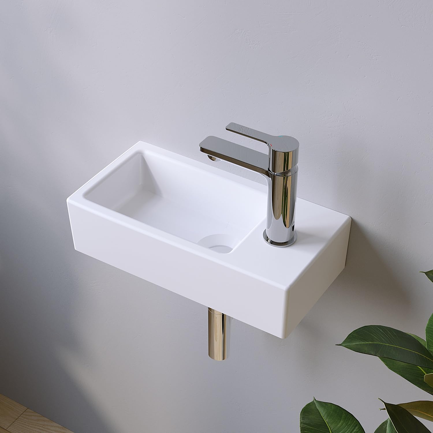 Waschbecken Keramik Waschtisch Hängewaschbecken klein Handwaschbecken Weiß Eckig 40 x 20 cm Badezimmer Gäste WC Hahnloch Rechts mit Stockschrauben | OHNE Überlauf | OHNE Wasserhahn | OHNE Ablaufventil