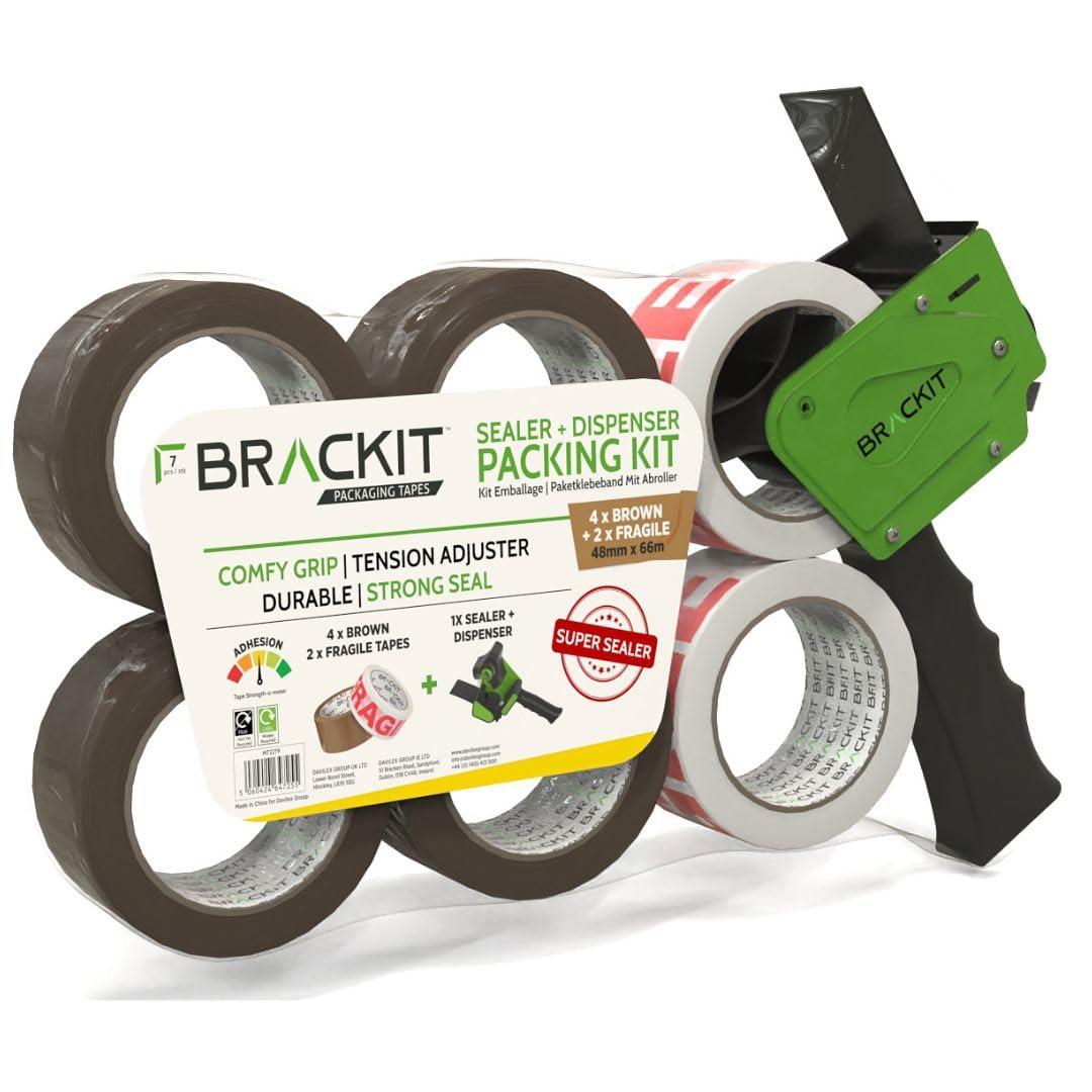 brackit Packing Tape Set Brown and Fragile and Clear with Dispenser, 48mm x 66m, Pack of 6 Rolls - Strong Seal Tape for Regular Packing Use or Moving
