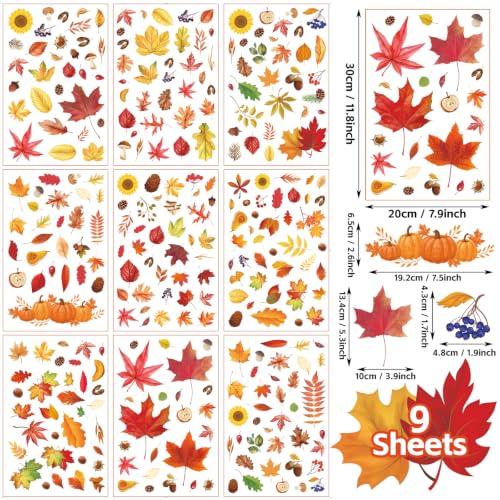 Image of Fall Window Clings 9 Sheets Thanksgiving Static Stickers for Glass Decor | Double-Sided Autumn Window Decals, Harvest Season Clings, Maple Leaves Pumpkins Decorations for Holiday Home Office Classroom
