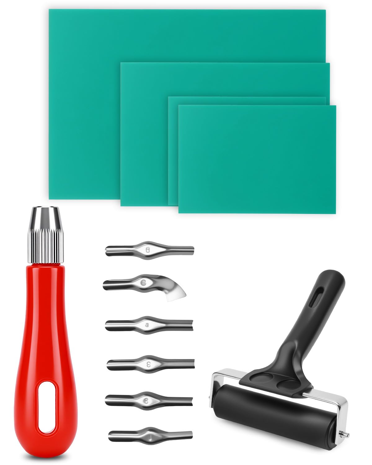 ZaKaBox Lino Cutting Tools – Linoleum Cutter with 6 Blades, Lino Roller & 4 Gel Printing Plates (A4 + A5 + 2×A6) – Complete Block Printing Set for Lino Carving, Block Printing & DIY Crafts