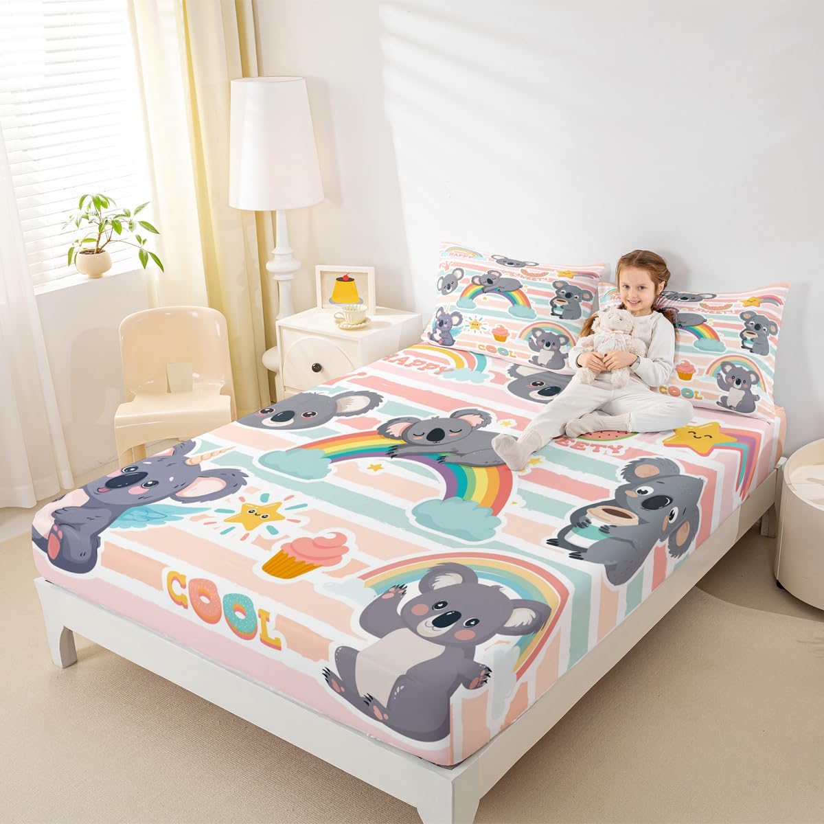 Manfei Koala Fitted Sheet Twin Size Clouds Rainbow Stripes Bed Cover Food Animal Bedding Set 2pcs for Kids Teens Room Decor,Cute Soft Bed Sheets with 1 Pillowcase