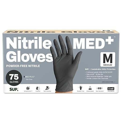 Disposable Nitrile Exam Gloves, 5 Mil Powder-Free Latex-Free Food Safe for Medical, Cooking, Cleaning, Iron-Grey 75 Count