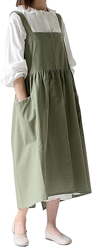 Delantal japonés de lino de algodón con espalda cruzada para mujer con bolsillos