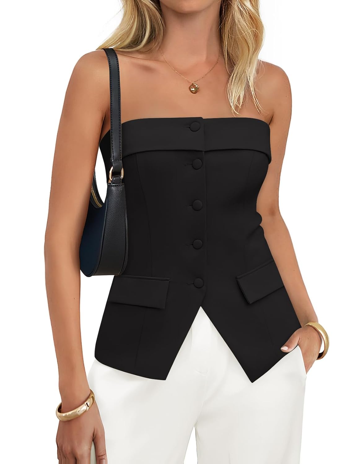 ZESICA Strapless Blazer Vest for Women 2026 Summer Going Out Sleeveless Button Down Dressy Tube Vest Tops Trendy