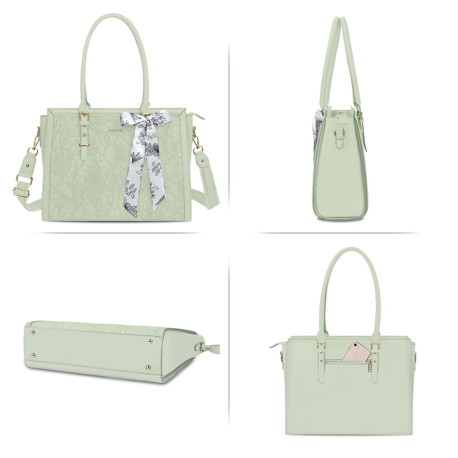 MOSISO 17,3 Pulgadas PU Maletin Portatil de Mujer, Compatible con MacBook | /HP,Dell,Asus Notebook,Frente Relieve Retro Hibiscus Oficina Ordenador Bolsa con Seda Pañuelo&Monedero,Verde Salvia