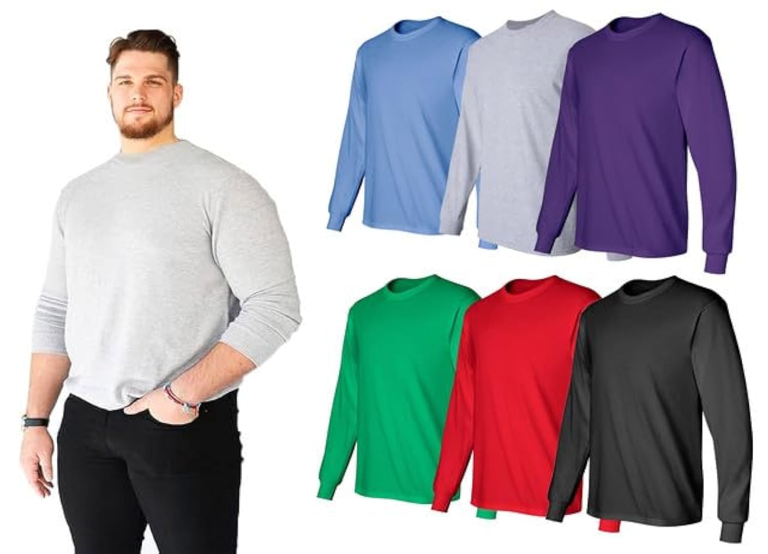 BILLIONHATS 6 Pack Big & Tall Long Sleeve Colorful T-Shirts for Mens 100% Cotton - Crew Neck Bulk Tees Wholesale Packs
