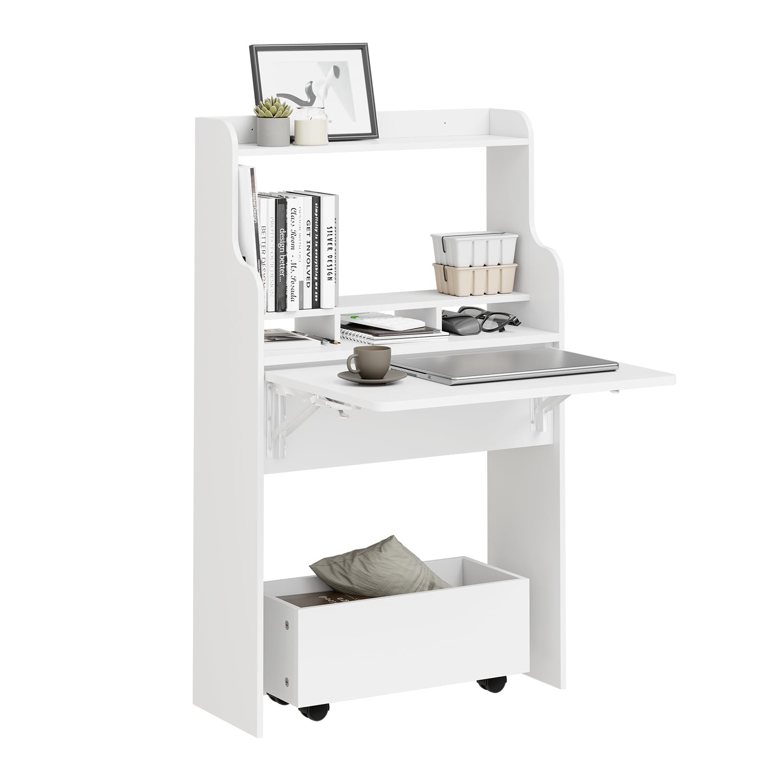 SoBuy Scrivania Pieghevole a Muro Scrivania Salvaspazio Richiudibile con Scatola Portaoggetti con Ruote Tavolo Pieghevole Bianco 64x63x100,6 cm FWT105-II-W