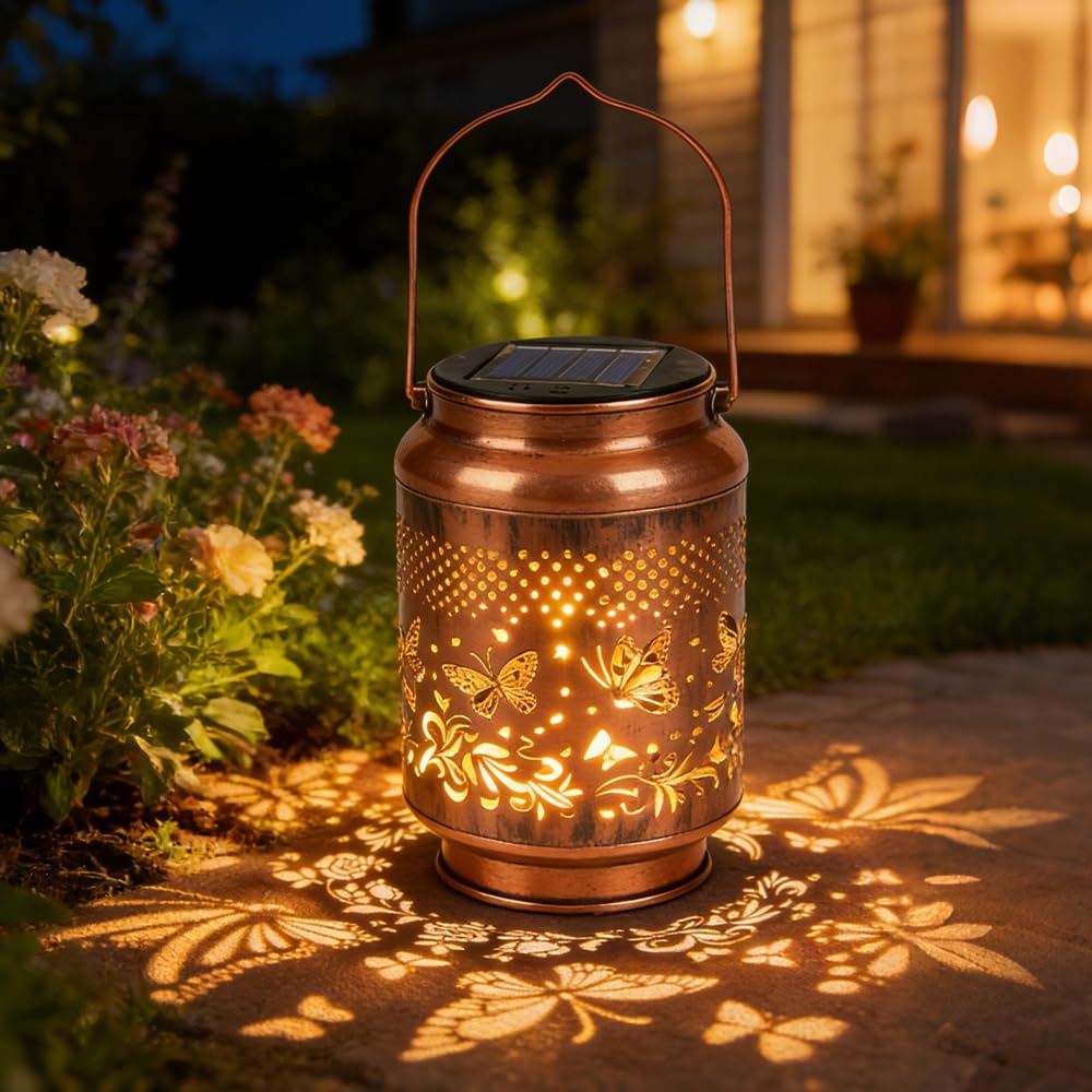 Solarlaterne für Außen Schmetterling, SGZIOO Solarlampen für Außen Garten, IP65 Wasserdicht Solar Gartenlaterne, Hängend Metall LED Gartenleuchte, Dekoration für Garten Rasen