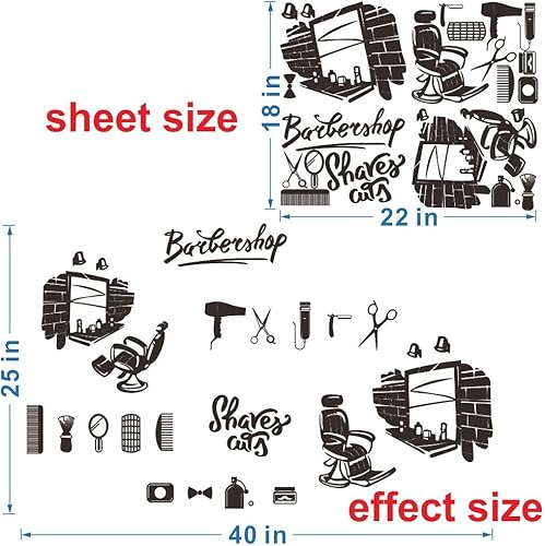 Miniatura 2 de Adhesivo de pared de barbería  Comparte un bonito espejo, silla, maquinilla de afeitar, tijeras, cepillos  PVC extraíble, efecto de 25 x 40 pulgadas