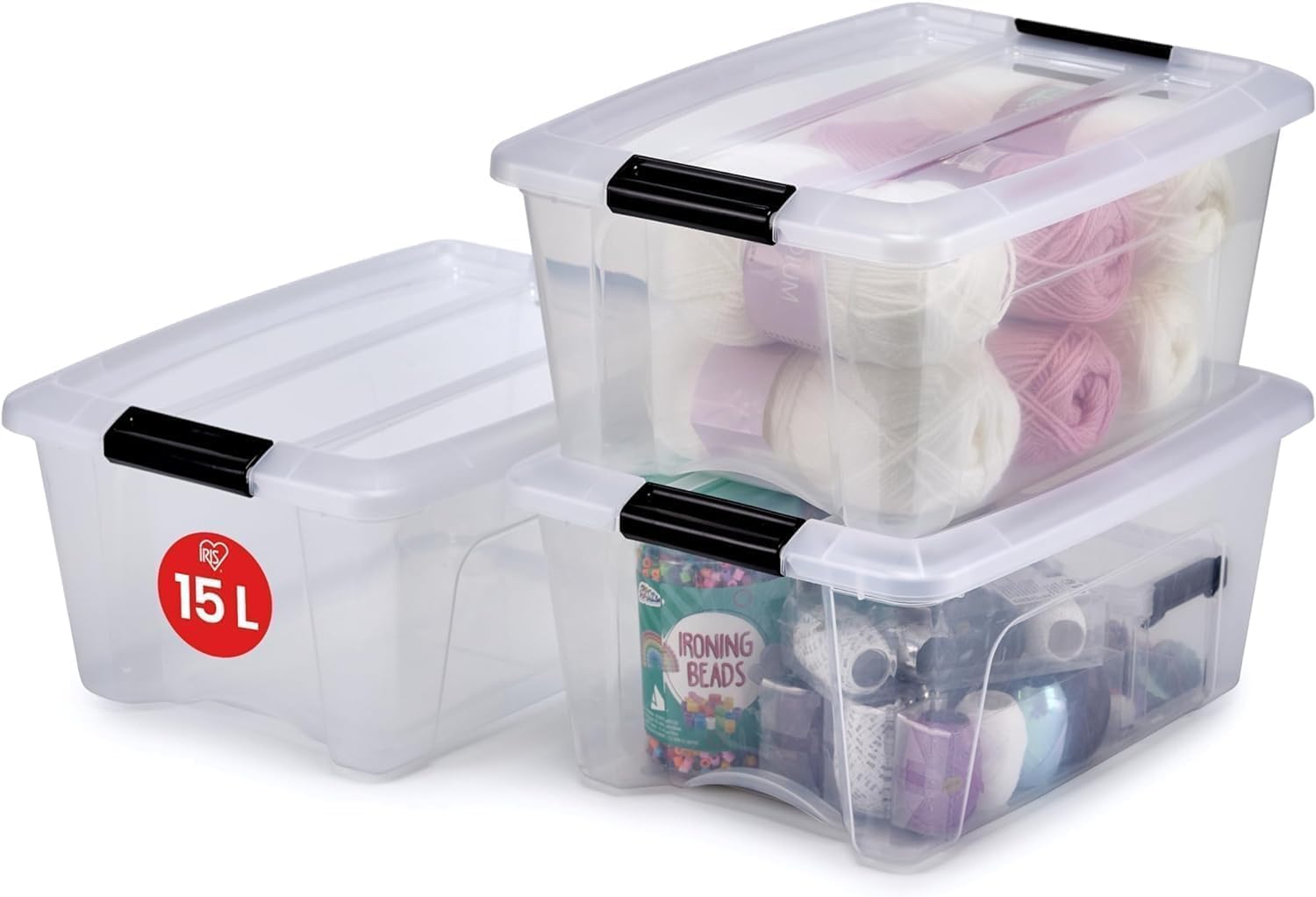 Boite rangement plastique 15L Iris Ohyama lot de 3 bacs transparents empilables avec couvercle