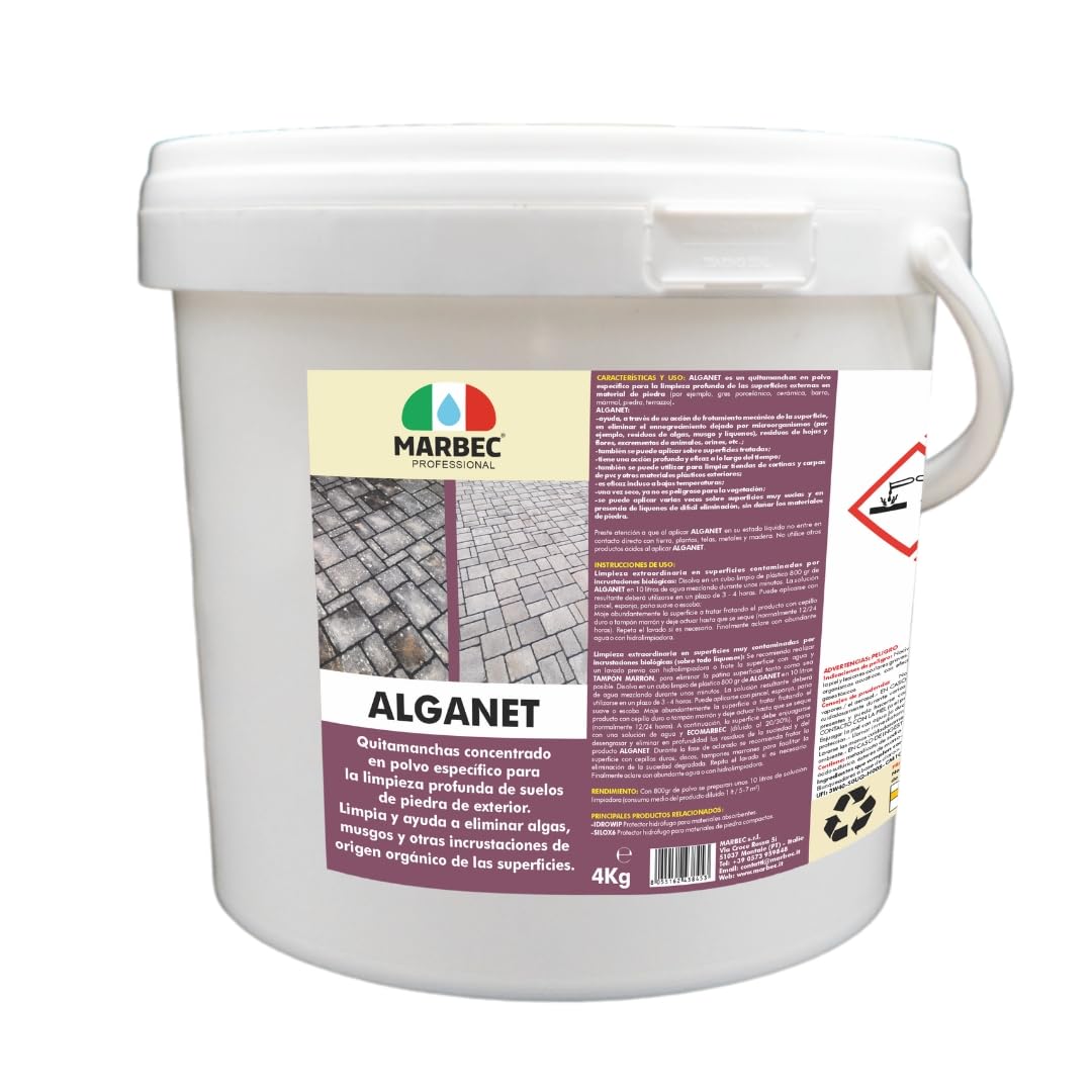 MARBEC ALGANET 4KG Detergente para la eliminación de algas, mohos, líquenes e incrustaciones biológicas en suelos y paredes