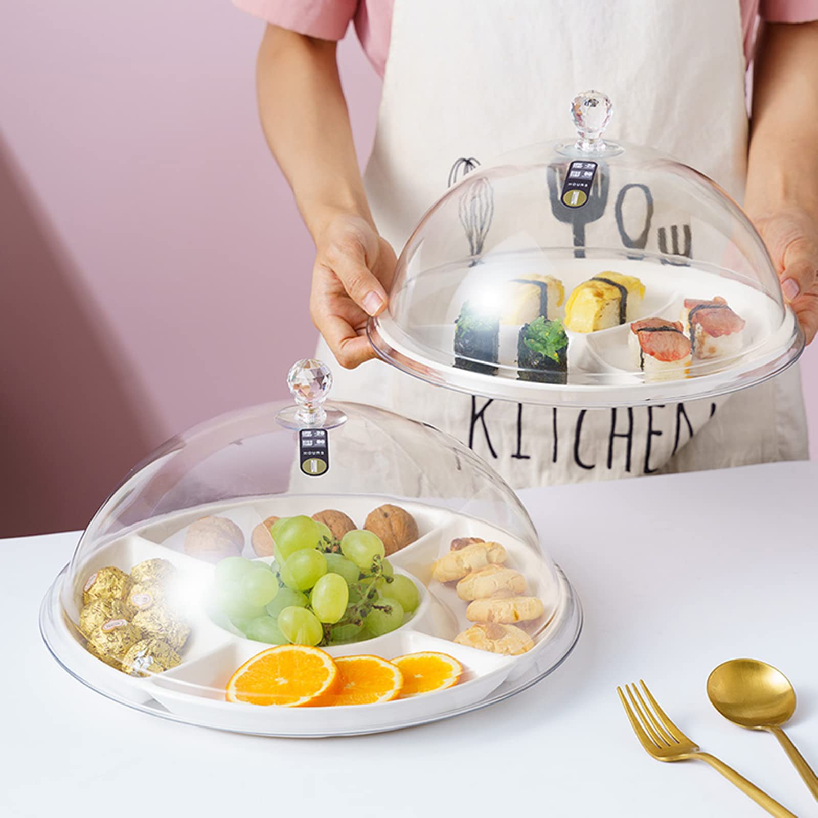 Copertura per Alimenti, Campana Coperchio Microonde,Vassoio per frutta con coperchio a cupola, vassoio separato in melamina bianca con coperchio in plastica trasparente, caramelle, biscotti,