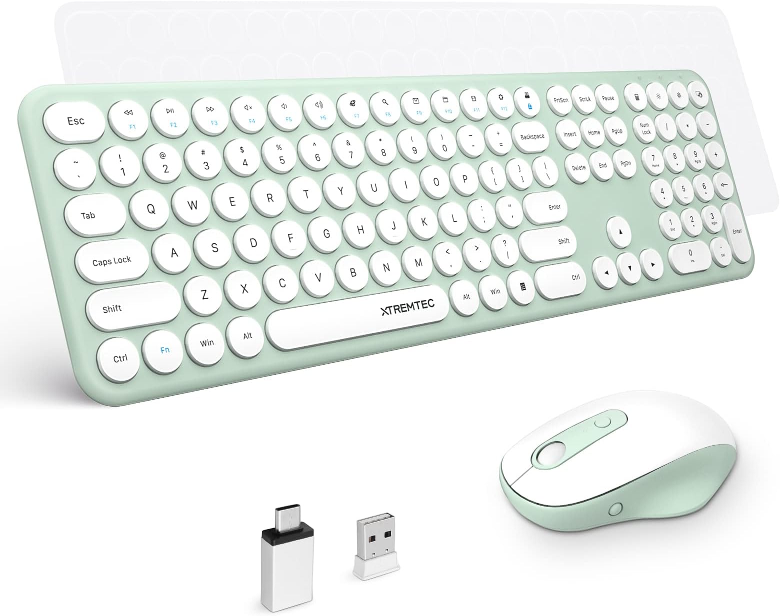 XTREMTEC Wireless Keyboard and Mouse, Cute Retro Round Keycap - 2.4GHz Ultra-Slim Quiet Aesthetic Keyboard for Mac Computer Laptop PC Desktops (Macaron Green)