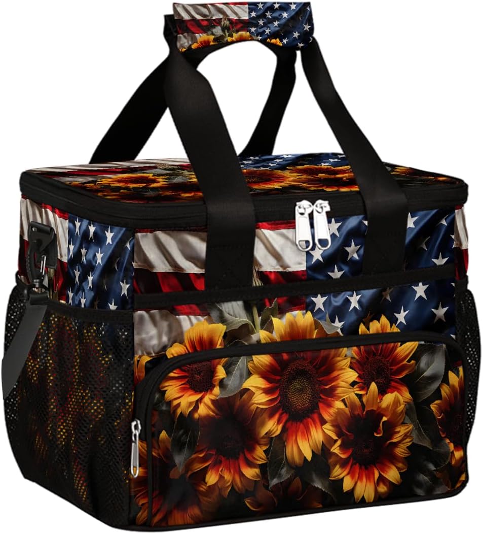 Large Lunch Box for Women Men Insulated Thermal Lunch Tote Bag Usa Flag Sunflowers Reusable Cooler Bag Portable Adult Lunchbox Container with Adjustable Strap for Work Picnic