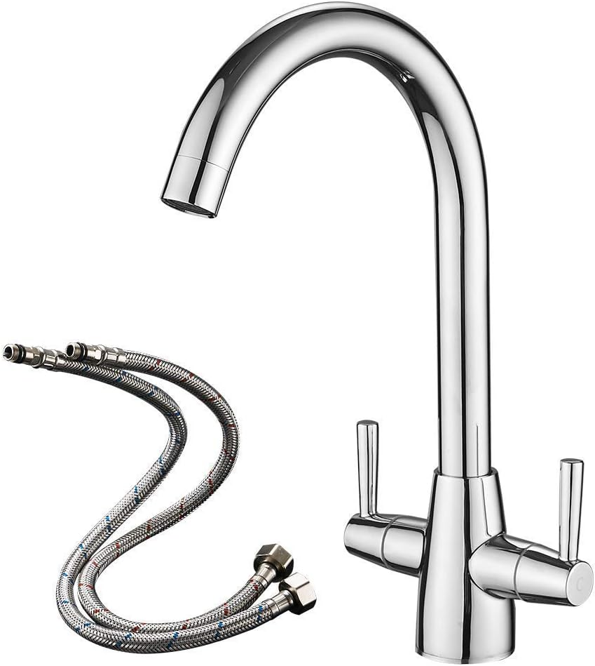 Kitchen Mixer Tap Dual Lever Swivel Spout Chrome Sink Taps with UK Standard Fittings