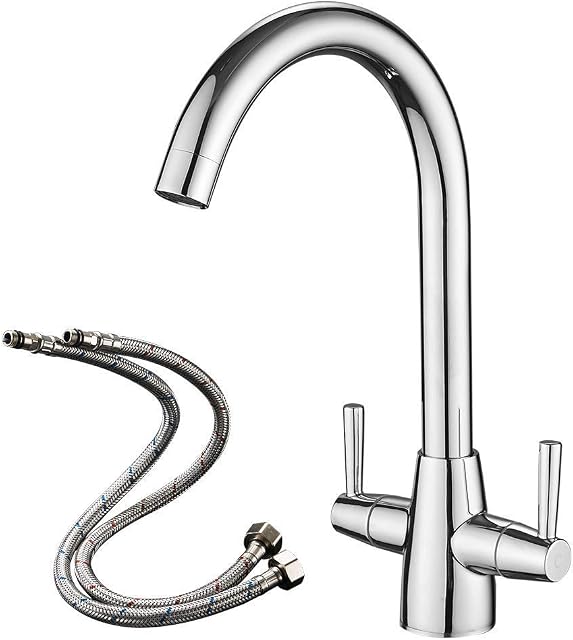 Heable Kitchen Mixer Tap Dual Lever Swivel Spout Chrome Sink Taps with UK Standard Fittings