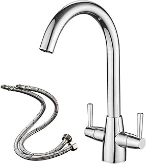 Heable Kitchen Mixer Tap Dual Lever Swivel Spout Chrome Sink Taps with UK Standard Fittings