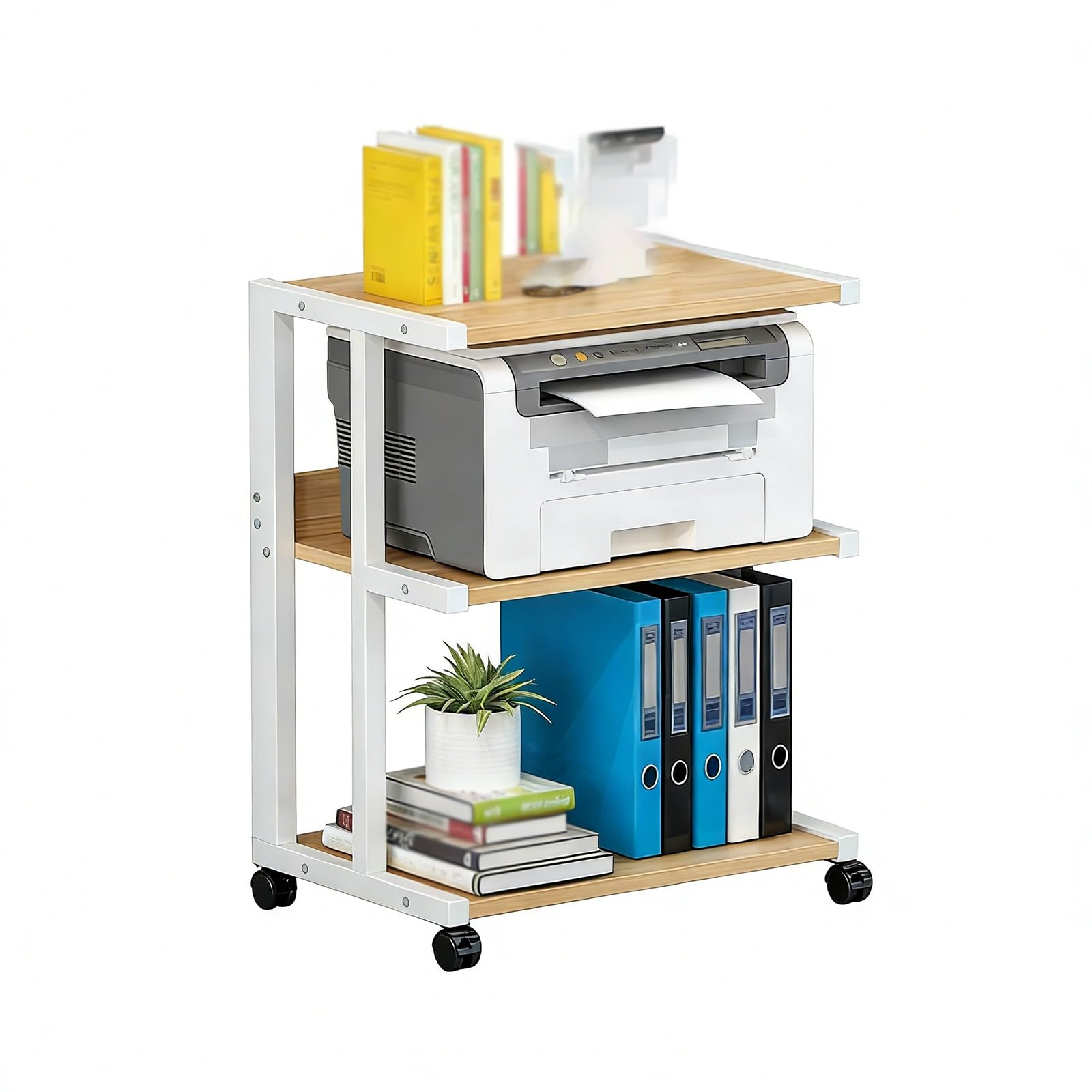 Supporto per stampante a 3 livelli con ruote girevoli, carrello portaoggetti mobile per forniture per casa e ufficio, ripiano multistrato, per cartelle e bidoni (legno, 65 x 49,8 cm)