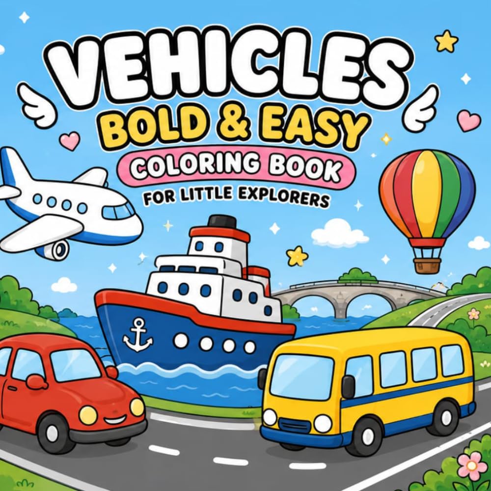 Vehicles: Bold & Easy Coloring Book for Adults and Teens Featuring Cars, Trucks, Trains, Airplanes, Boats, and Transportation Designs for Stress Relief and Relaxation