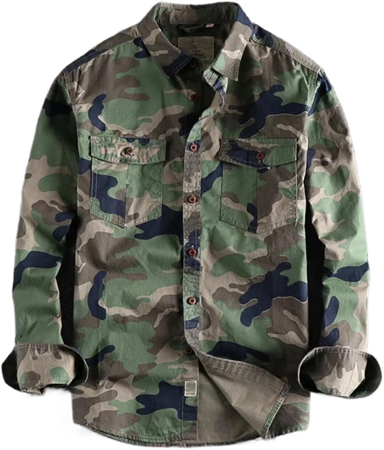 LIXINGHEITANG Men Clothing American Workwear Long Sleeve Shirt Men' Double Pockets Versatile Casual Military