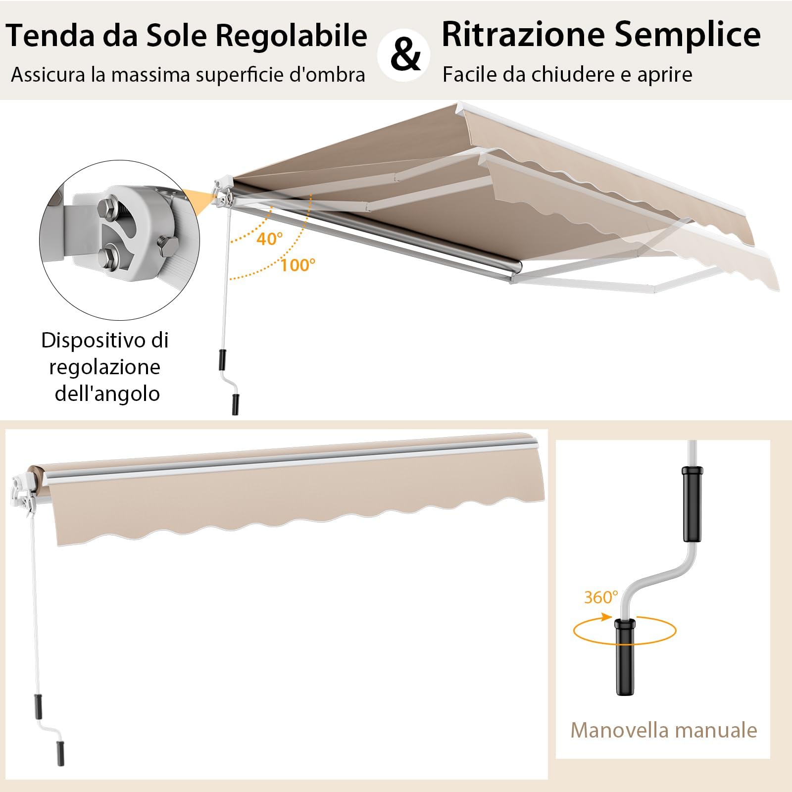 RELAX4LIFE Tenda da Sole 400x250cm Alluminio Angolazione Regolabile 5°-35° Impermeabile Balcone BEIGE