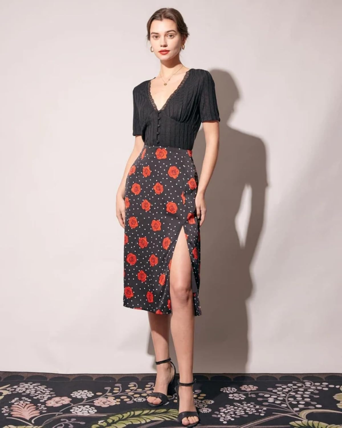 RIHOAS Women's Lace V Neck Shirts Button Fitted Tops Ribbed Lace Trim Tee Down Shirt Short Sleeve Blouses Top Black - Image 2