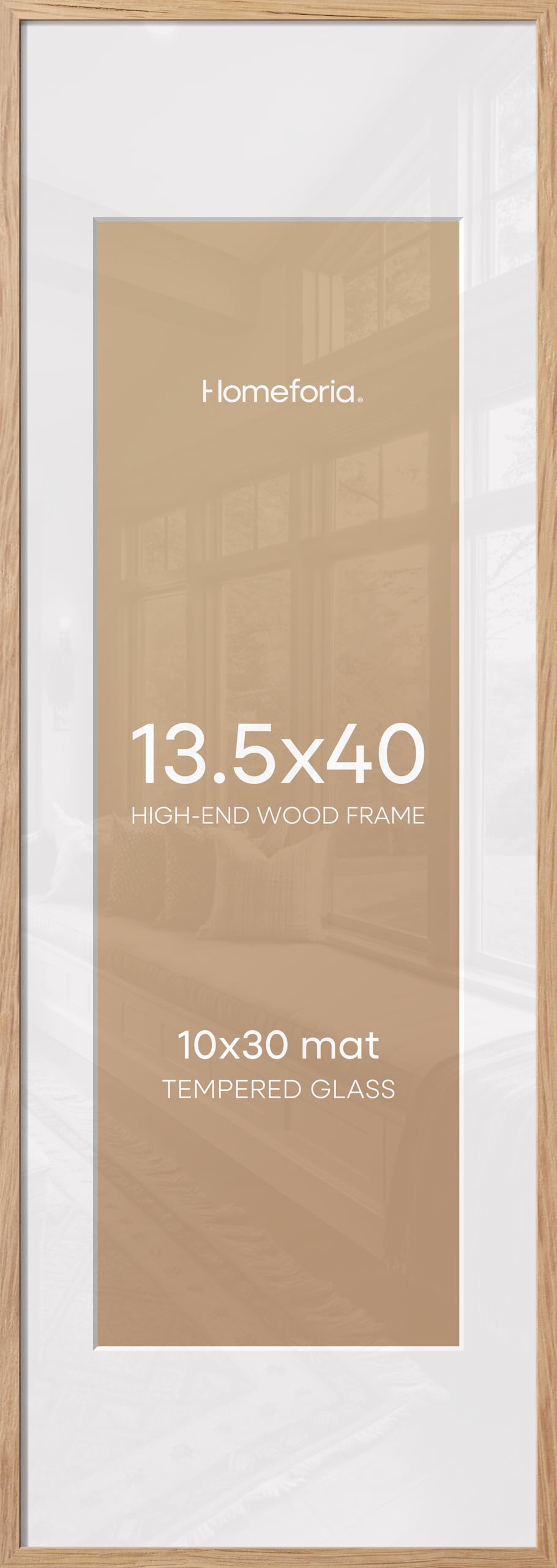 Homeforia 13.5x40 Natural Oak Frame, High-End Wood, 10x30 Mat, Glass | High End Solid Oak Wood, Tempered Glass, Acid-Free 10x30 Removable Mat, 13.5x40 Edge-to-Edge Display, Wall Kit, Set Of 3