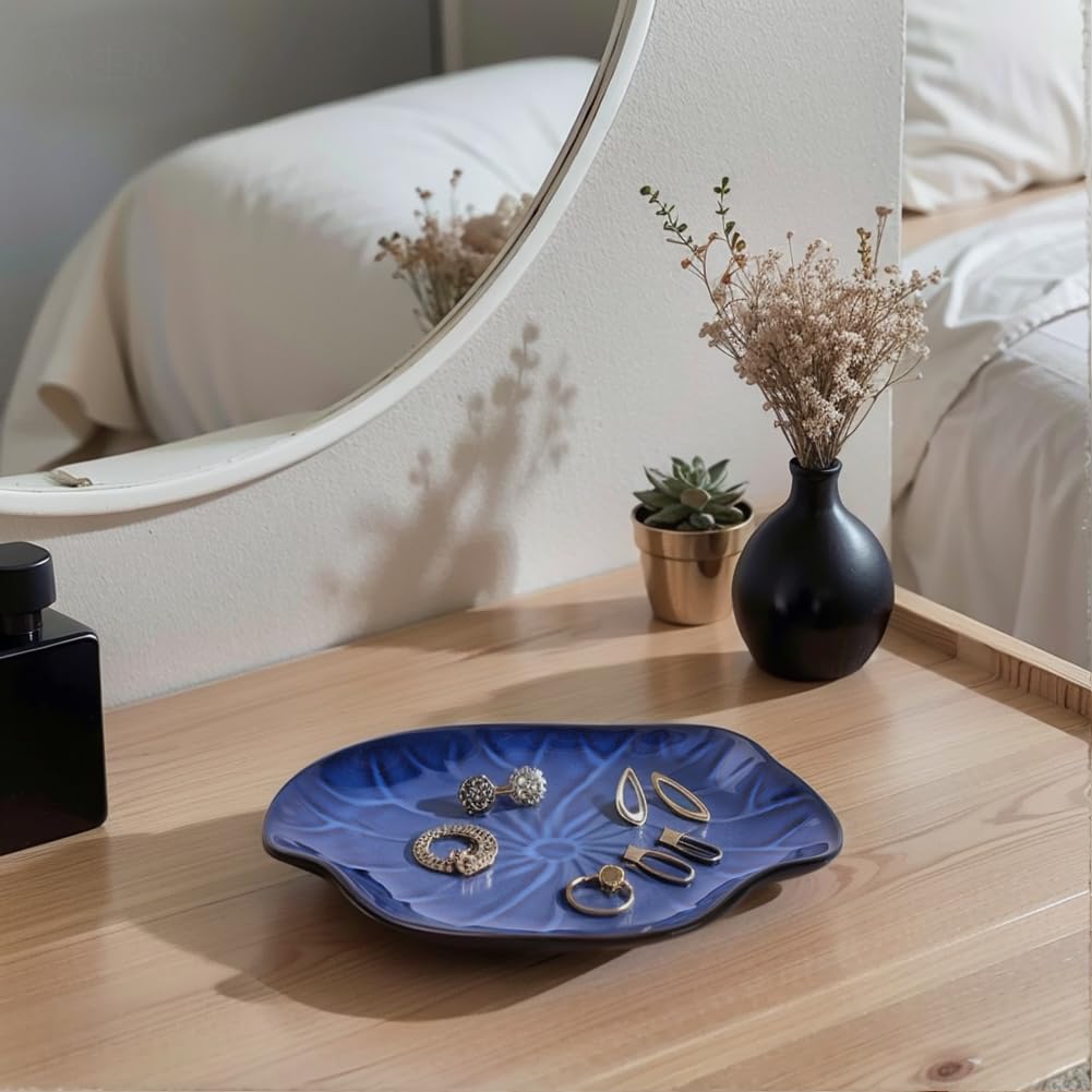 Cuenco decorativo de cerámica azul, plato pequeño de 8.3 pulgadas, cuenco de frutas, plato de caramelos, cuenco para llaves para mesa de entrada, plato de joyería y anillo, plato de porcelana
